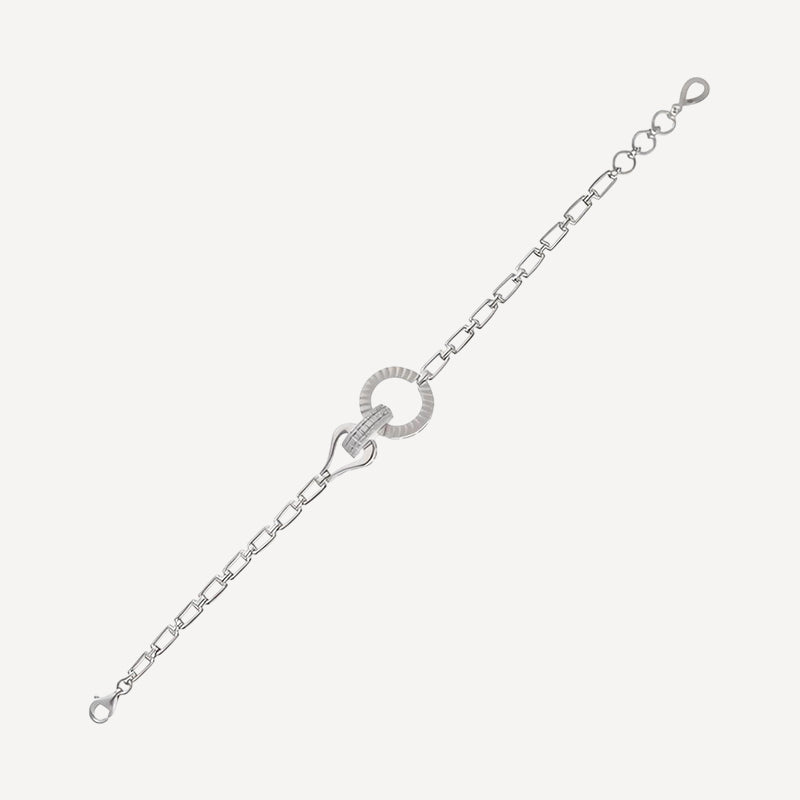 Geometric Silver Chain Bracelet with Textured Circle Accent