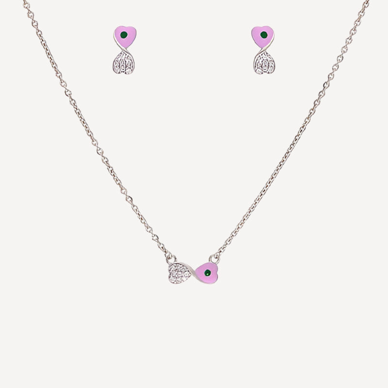 Pink Heart Necklace & Earring Set – Enamel & CZ Accent in Silver Tone