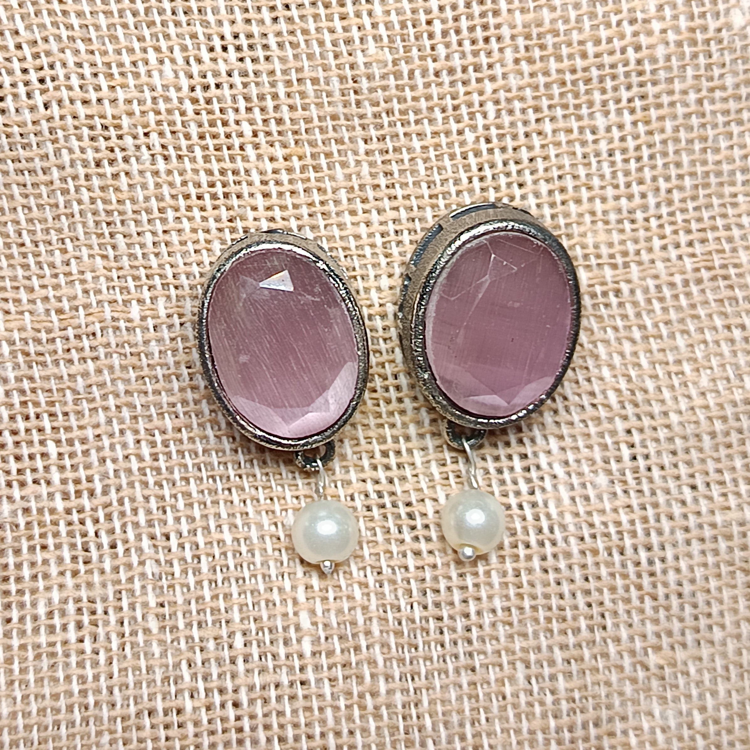Boond- Silver Brass Stone-Studded stud earrings(Baby Pink)