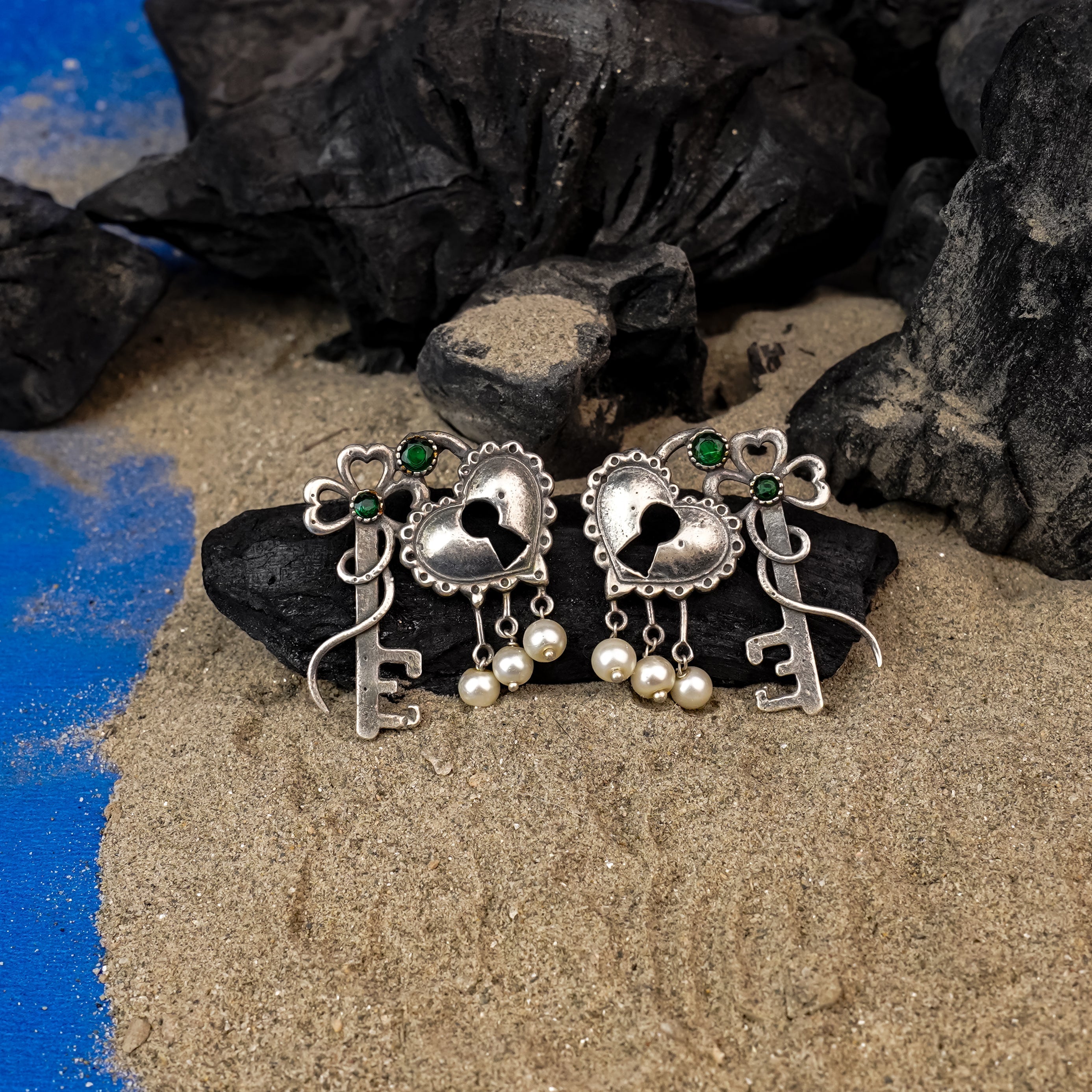 Kunjika- Silver Brass Oxidised dangler earrings (Green)