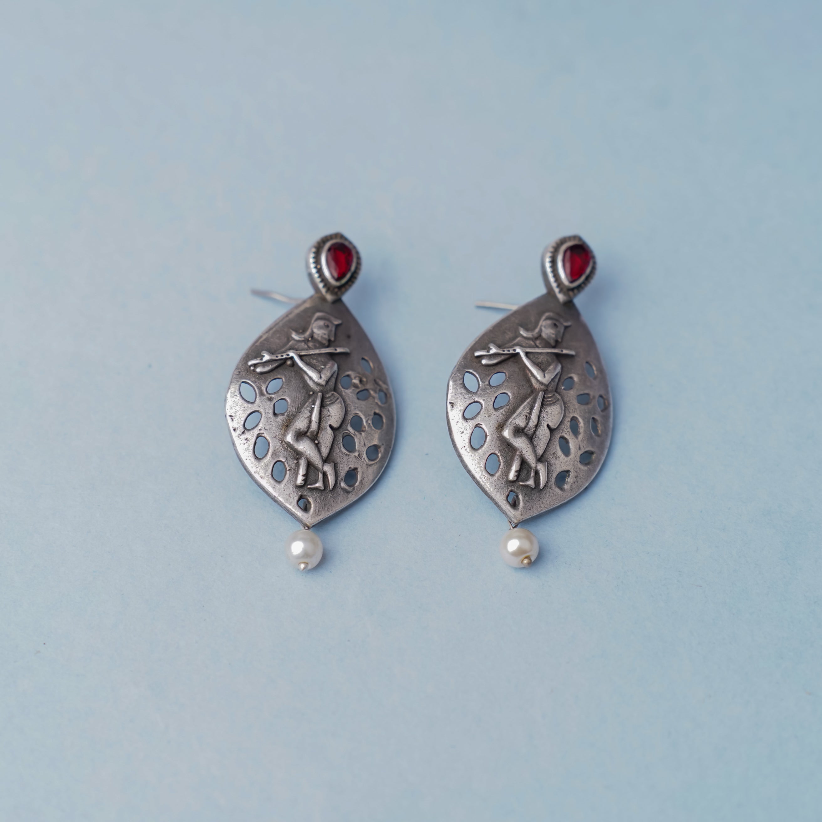 Kanha- Silver Brass Pearl Stud Earrings(Red)