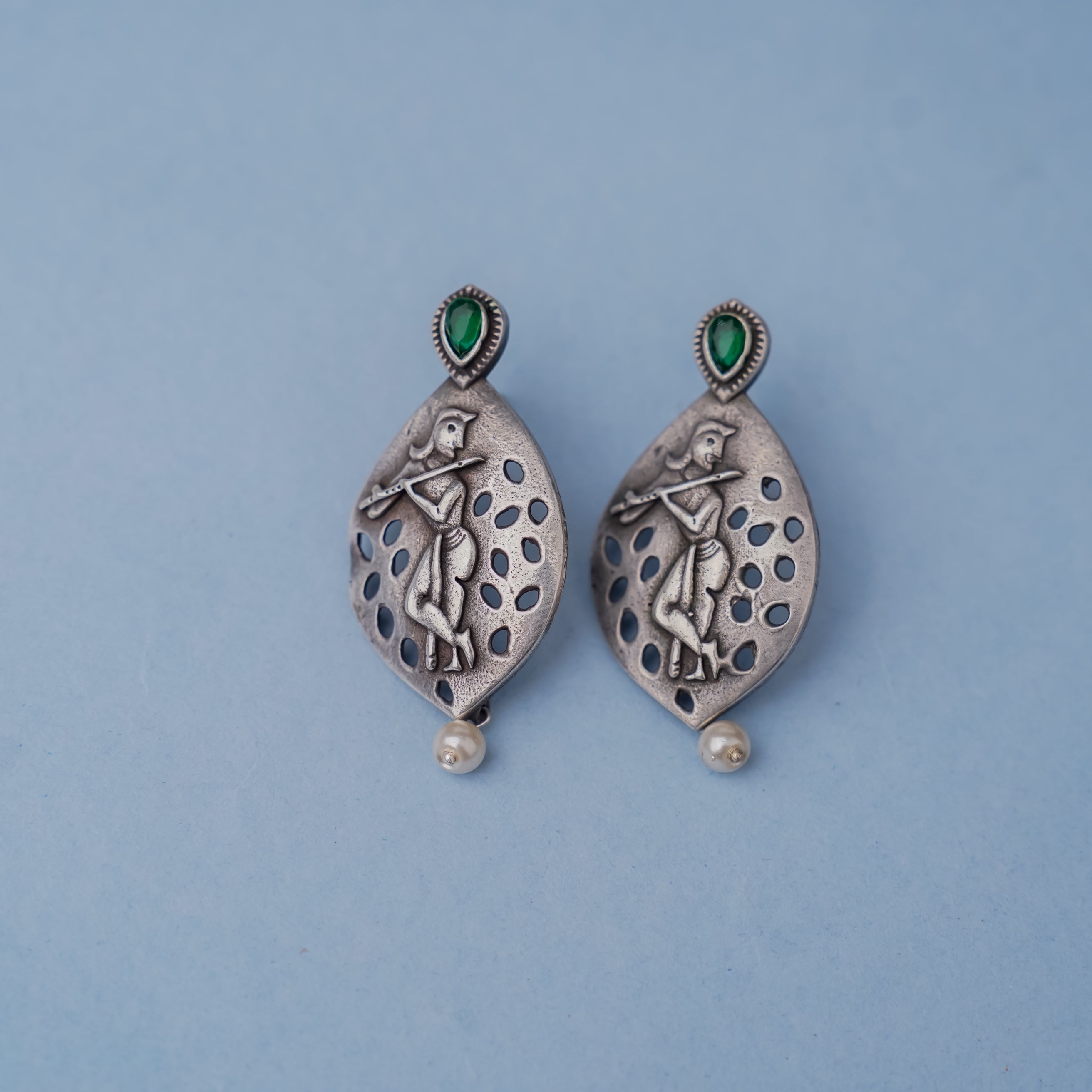Kanha- Silver Brass Pearl Stud Earrings(Green)