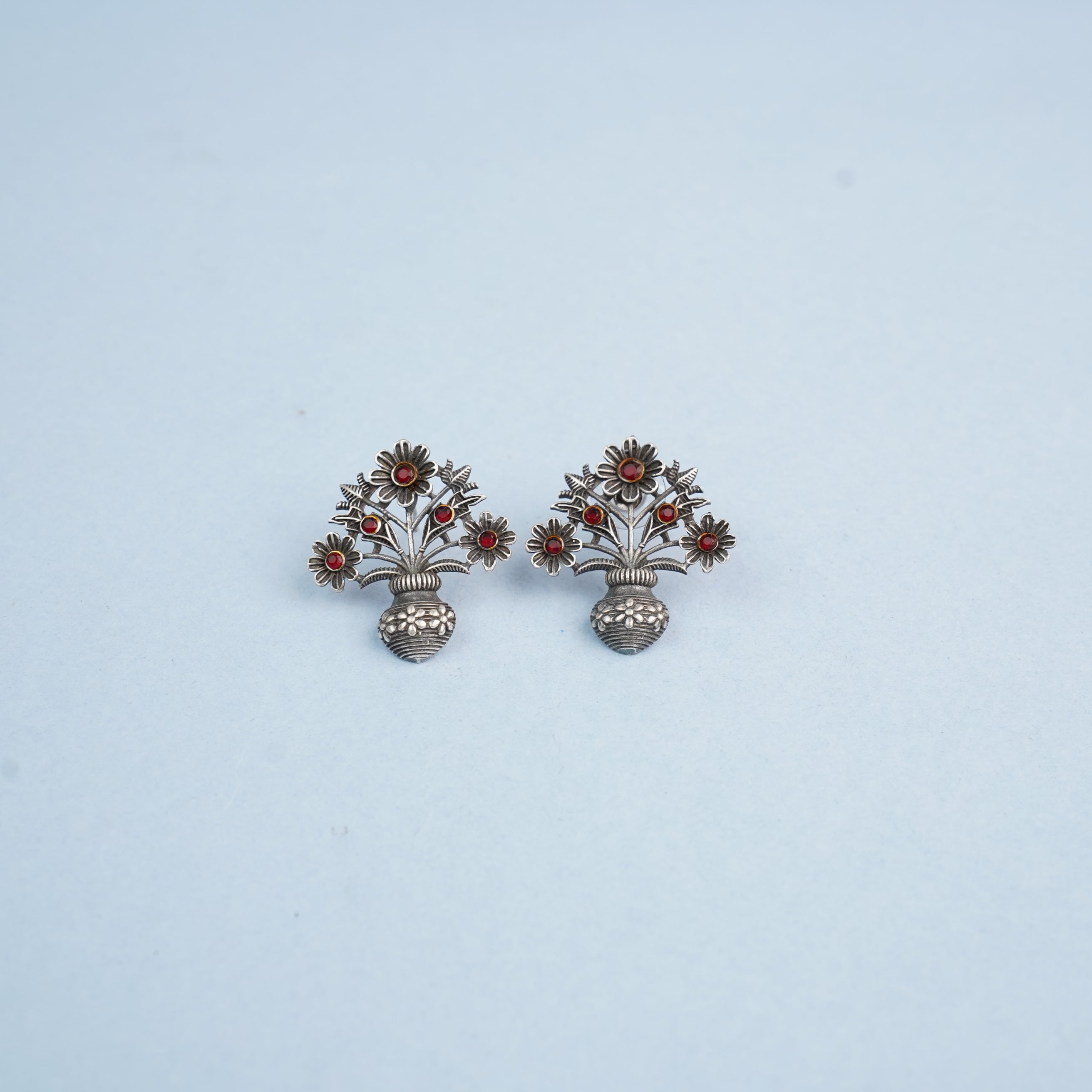 Pushp Kalash- Silver Brass Oxidised stud earrings(Red)