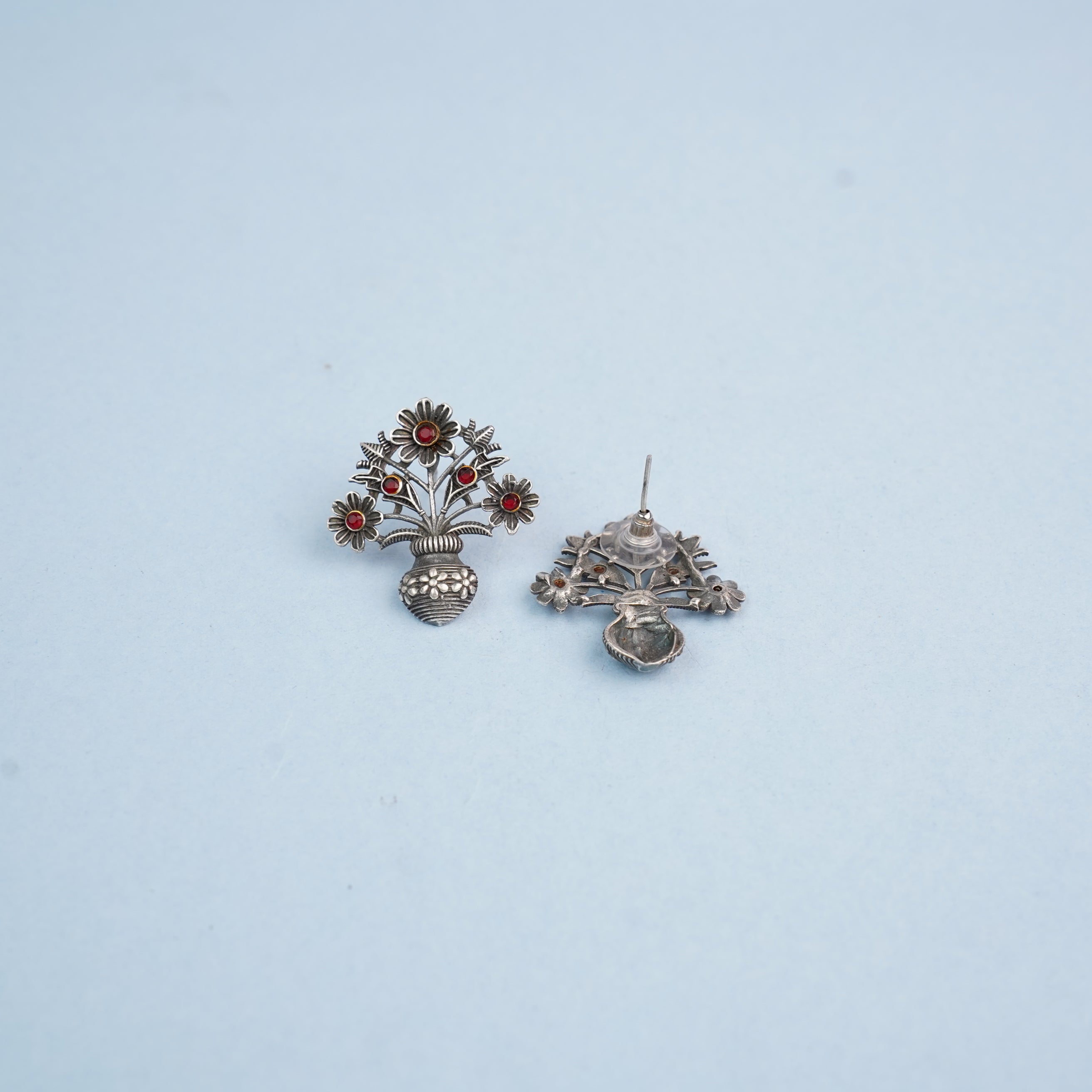 Pushp Kalash- Silver Brass Oxidised stud earrings(Red)