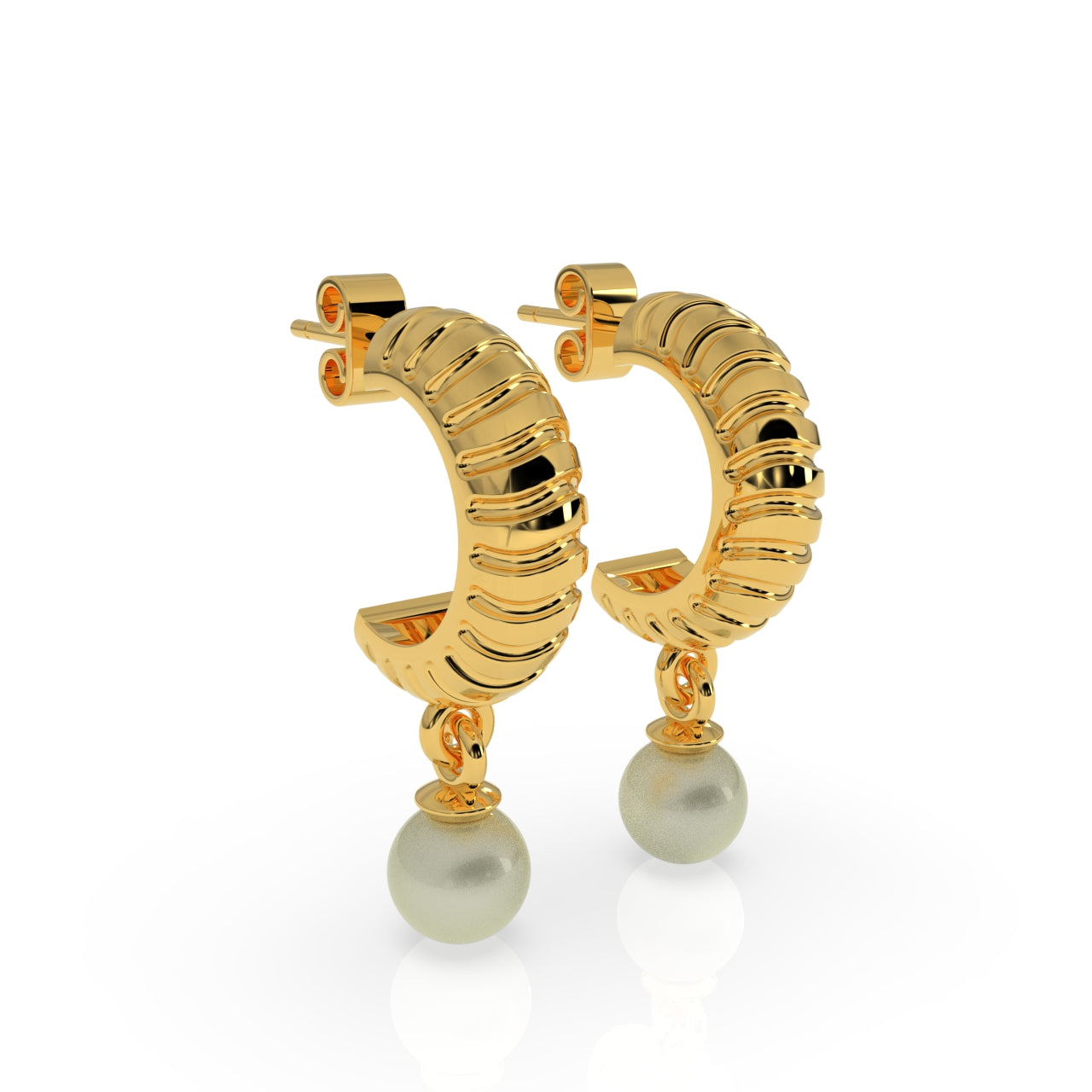 TVISVA JEWELS Gold Plated Ribbed Hoop Dangle Earrings with White Round Pearl for Women